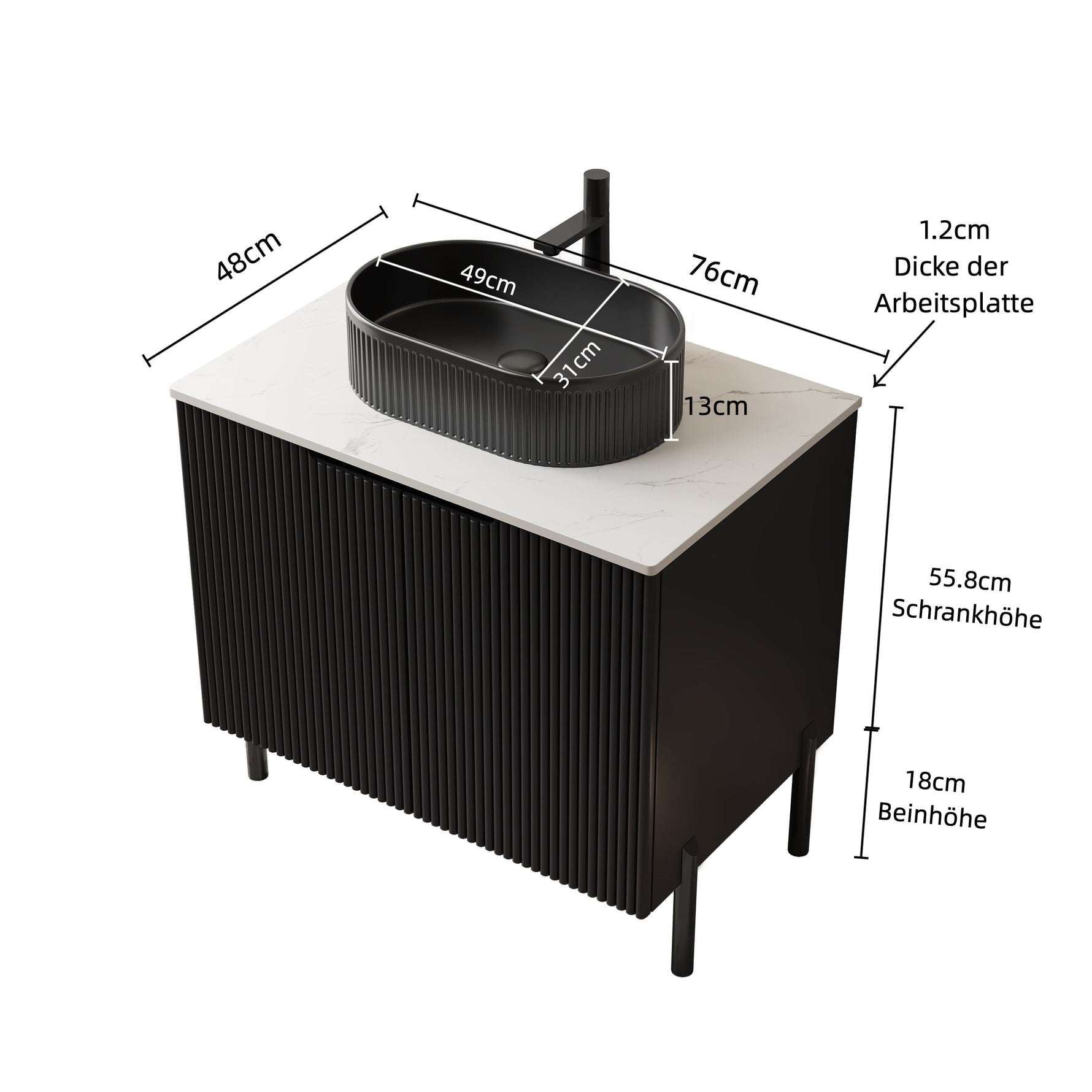 Bathroom Vanity Unit with Oval Ceramic Basin and Sintered Stone Countertop, Black