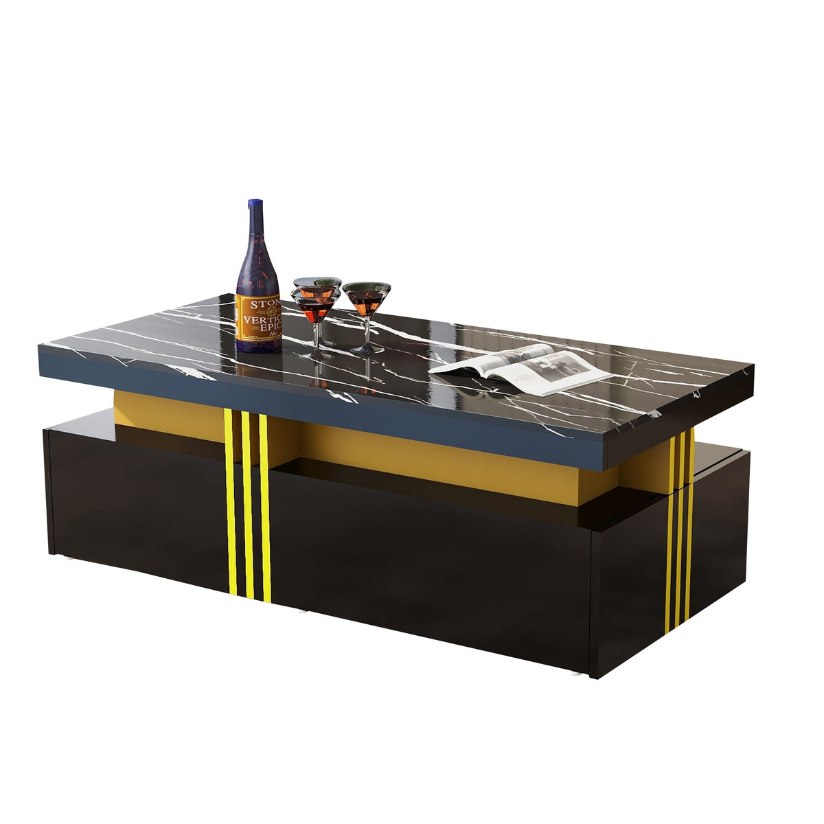 Modern Rectangular Coffee Table with 2 Drawers, High-Gloss and Marble
