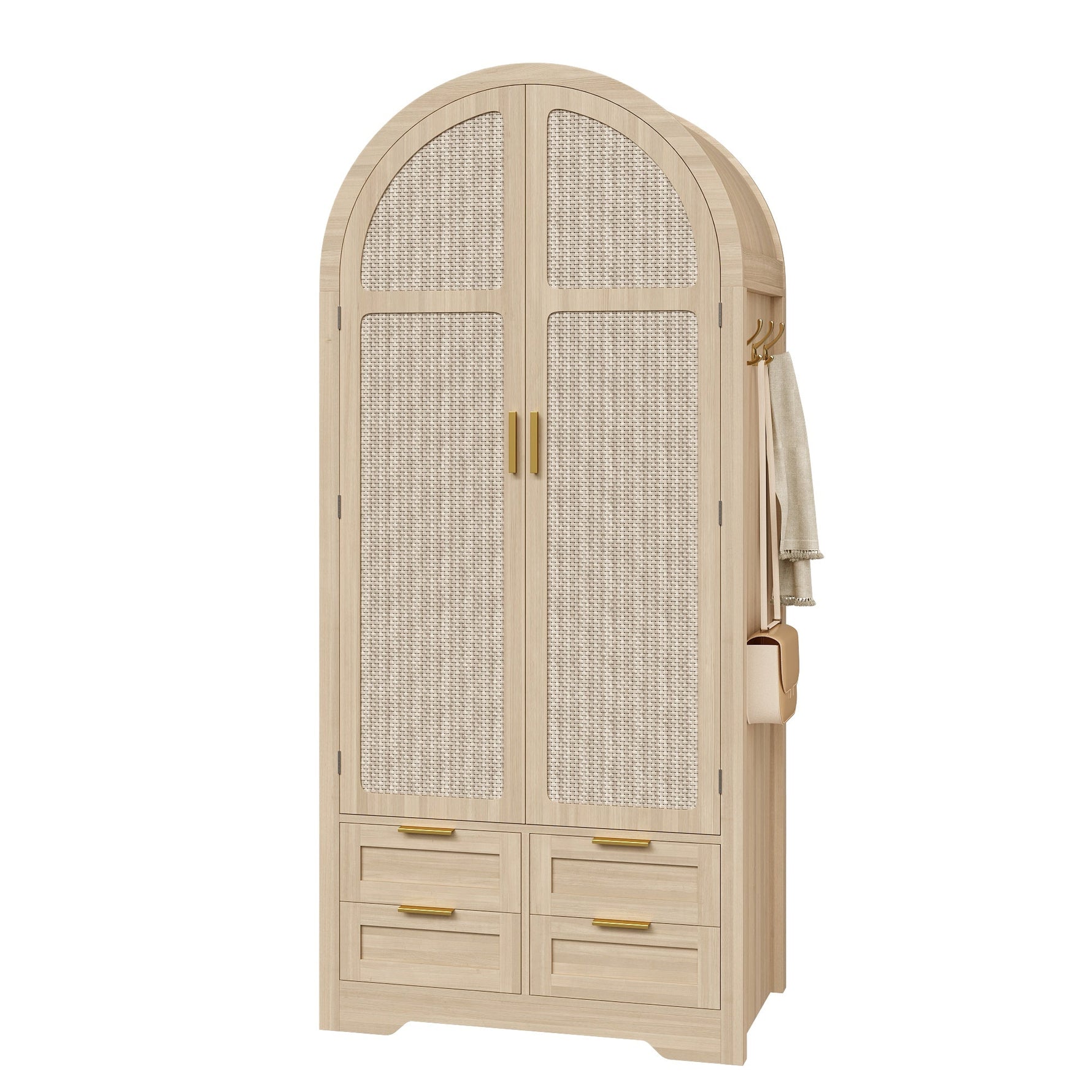 Modern Wardrobe with Curved Doors, Clothes Rail and Drawers, Oak MDF