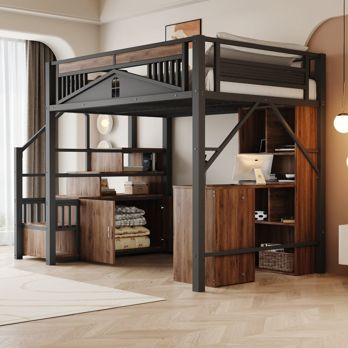 Metal Loft Bed 140x200cm Safety Enclosure with Window Ladder Locker Black