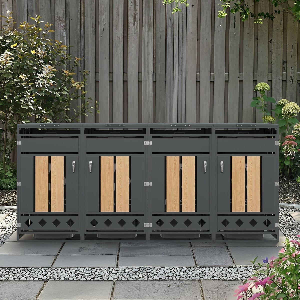 Bin Storage Unit with Hinged Lid, Lockable and 4 Doors, Wood Grain