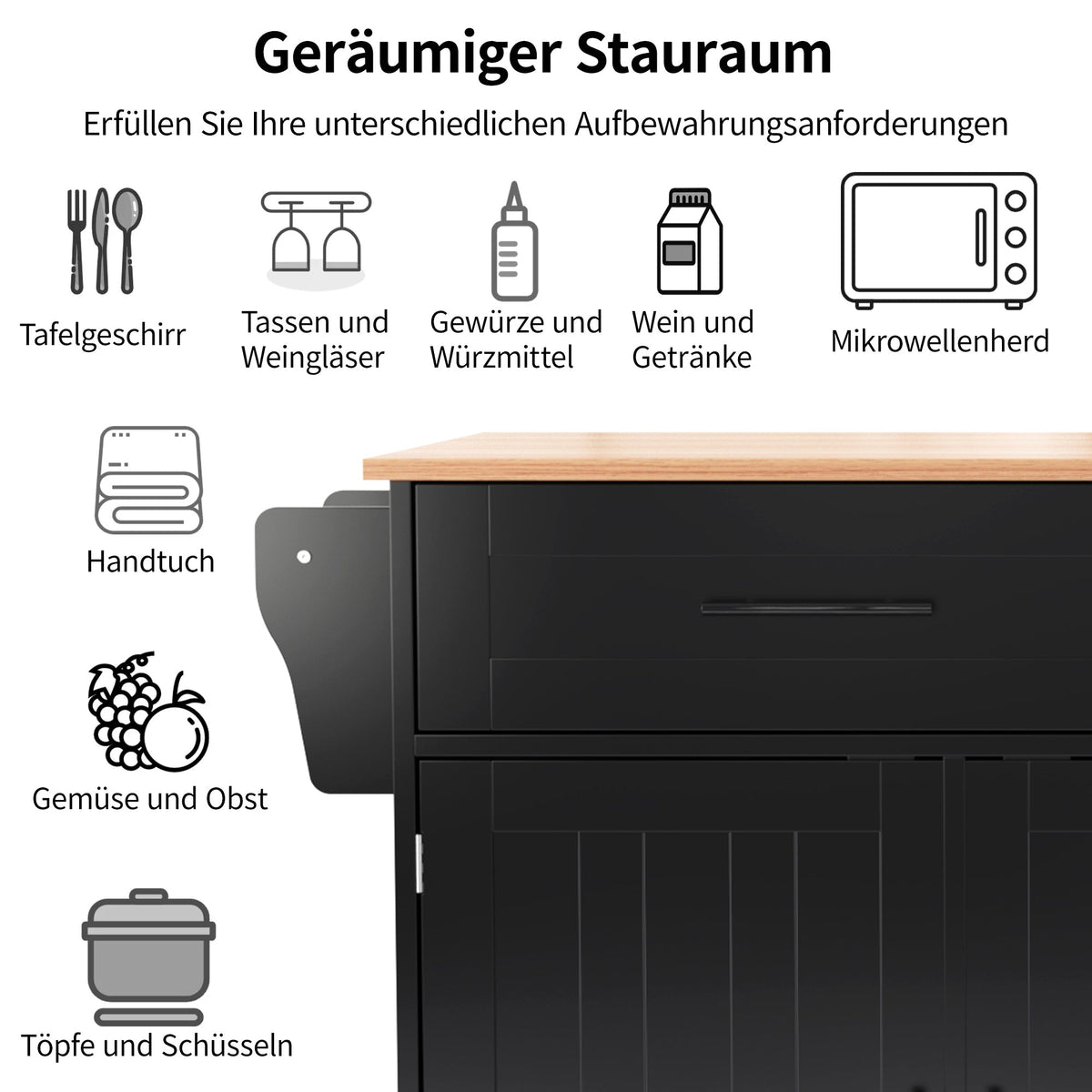 Dining Table Trolley with Folding Tabletop and Storage Cabinets, Black