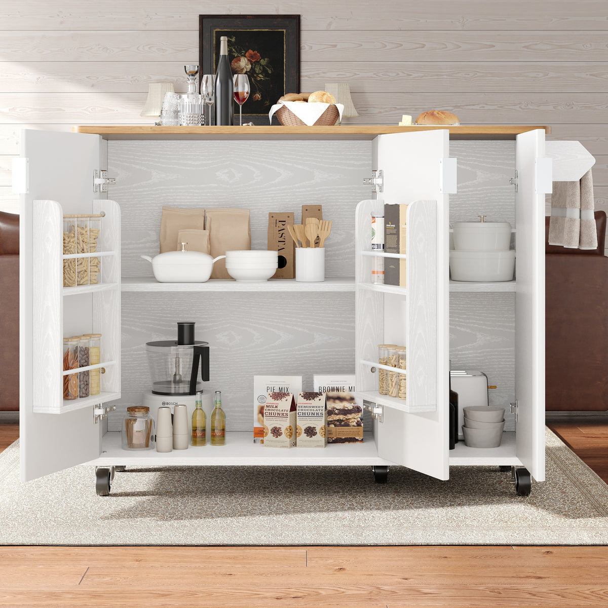 Kitchen Island Trolley Extendable on Wheels Buffet Storage Adjustable Dividers 3 Doors White/Black