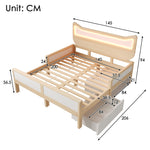 Children's Bed with Cat Ear Headboard, RGB LED Lighting, Storage Drawer and Safety Rails, 140x200cm, White and Oak