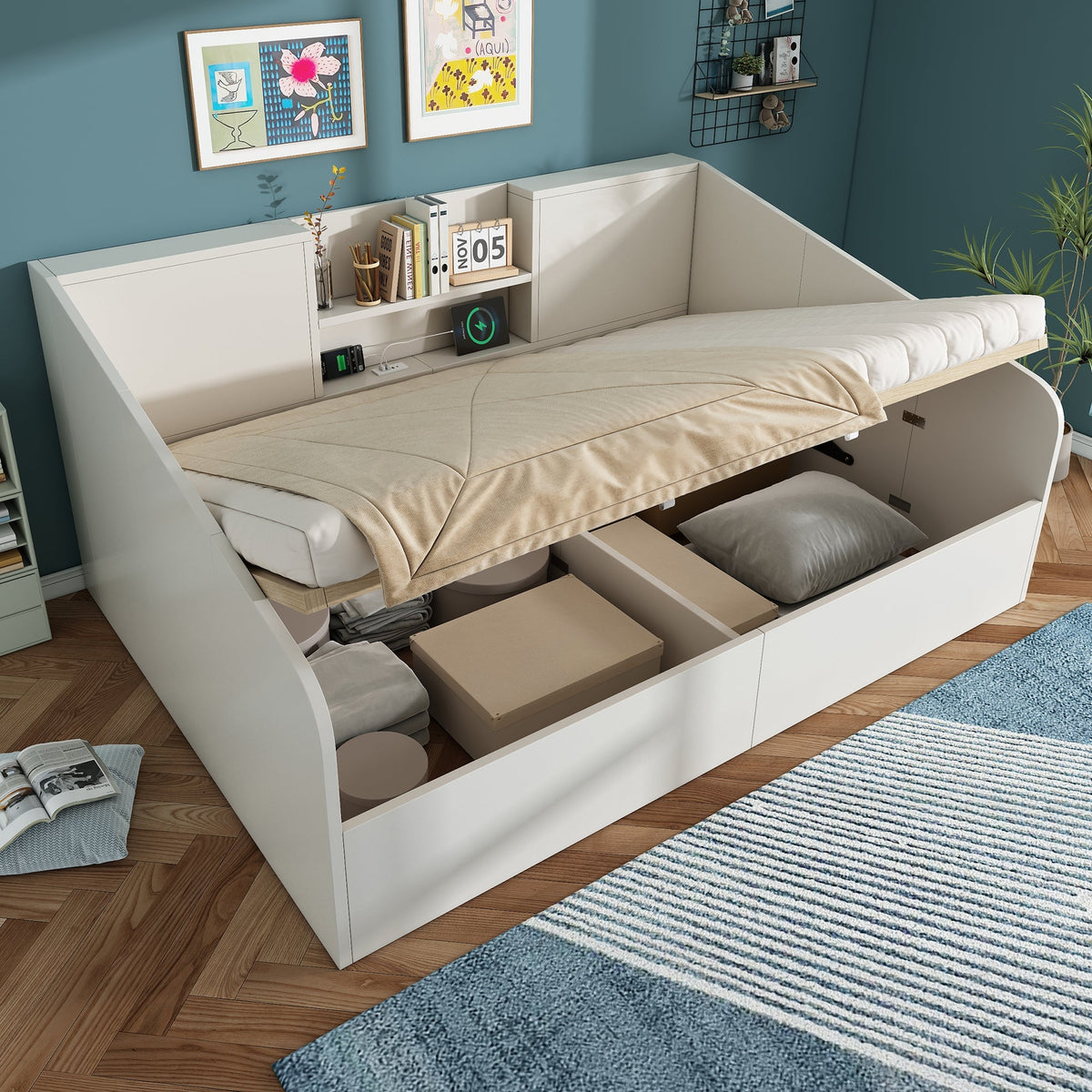 Hydraulic Daybed 140x190cm Double Bed Storage USB/Type-C Charging White Wood
