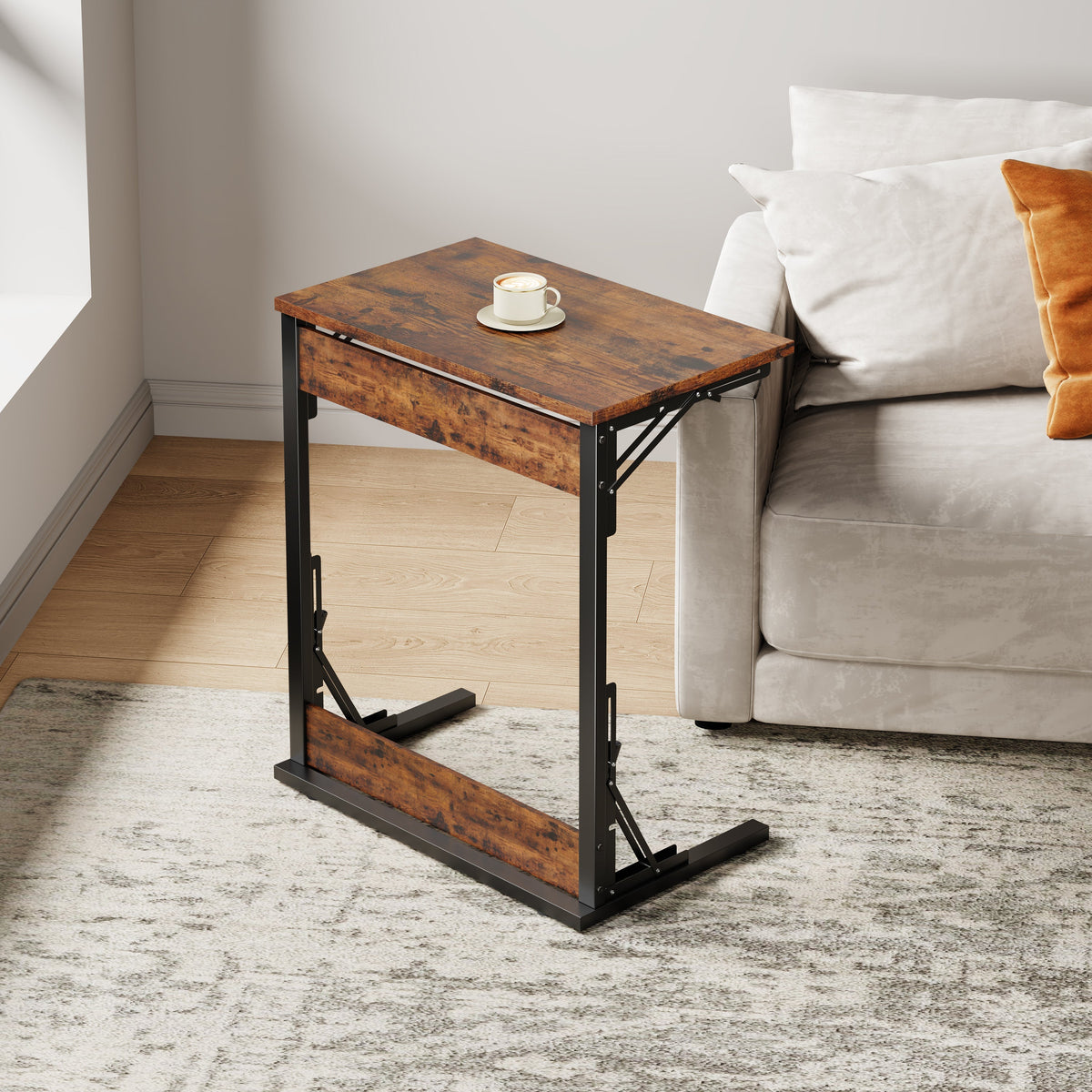 C-shaped Side Table Foldable Metal Frame Adjustable Feet TV Tray - Brown
