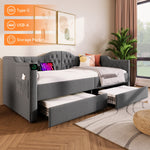 Upholstered Bed Daybed Sofa Bed with USB Type C & 2 Drawers, Grey Linen