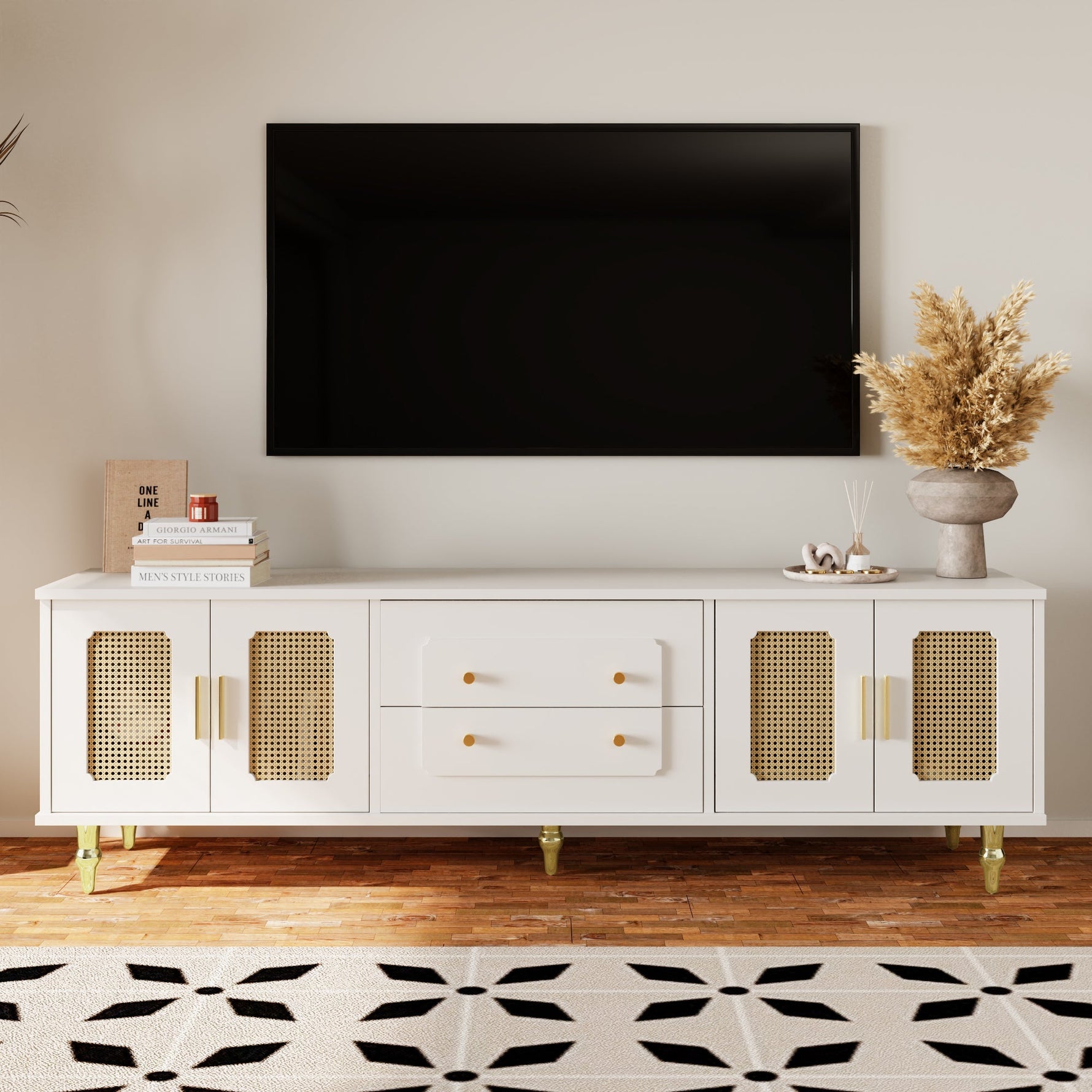 TV Cabinet, Retro Lowboard with Rattan Door & Gold Handles, Metal Legs
