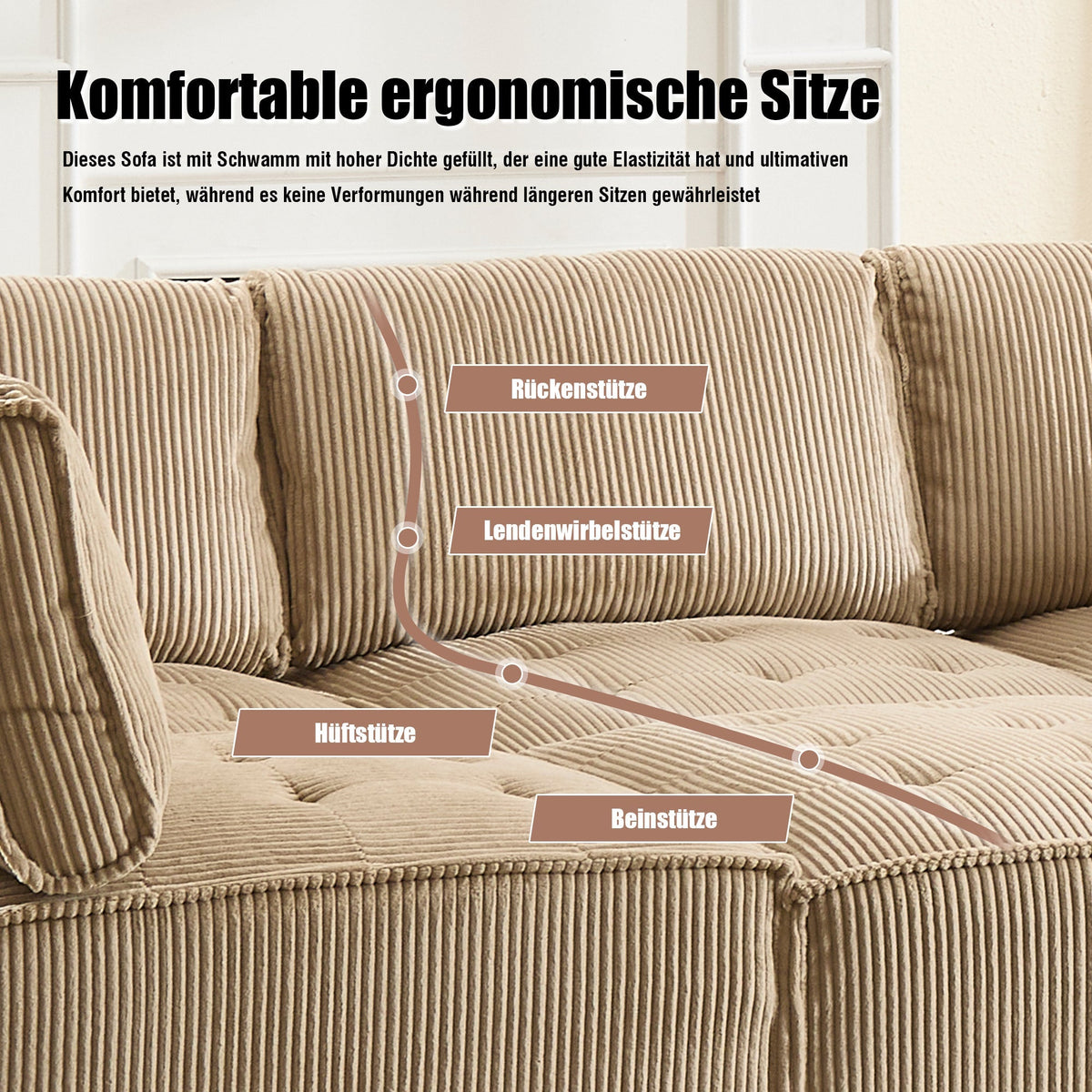 Modular Sofa 6-Seater Convertible Sleeper with Storage Pockets, Corduroy Khaki