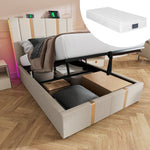 Upholstered Bed, USB-C LED Single with Storage, Beige Linen