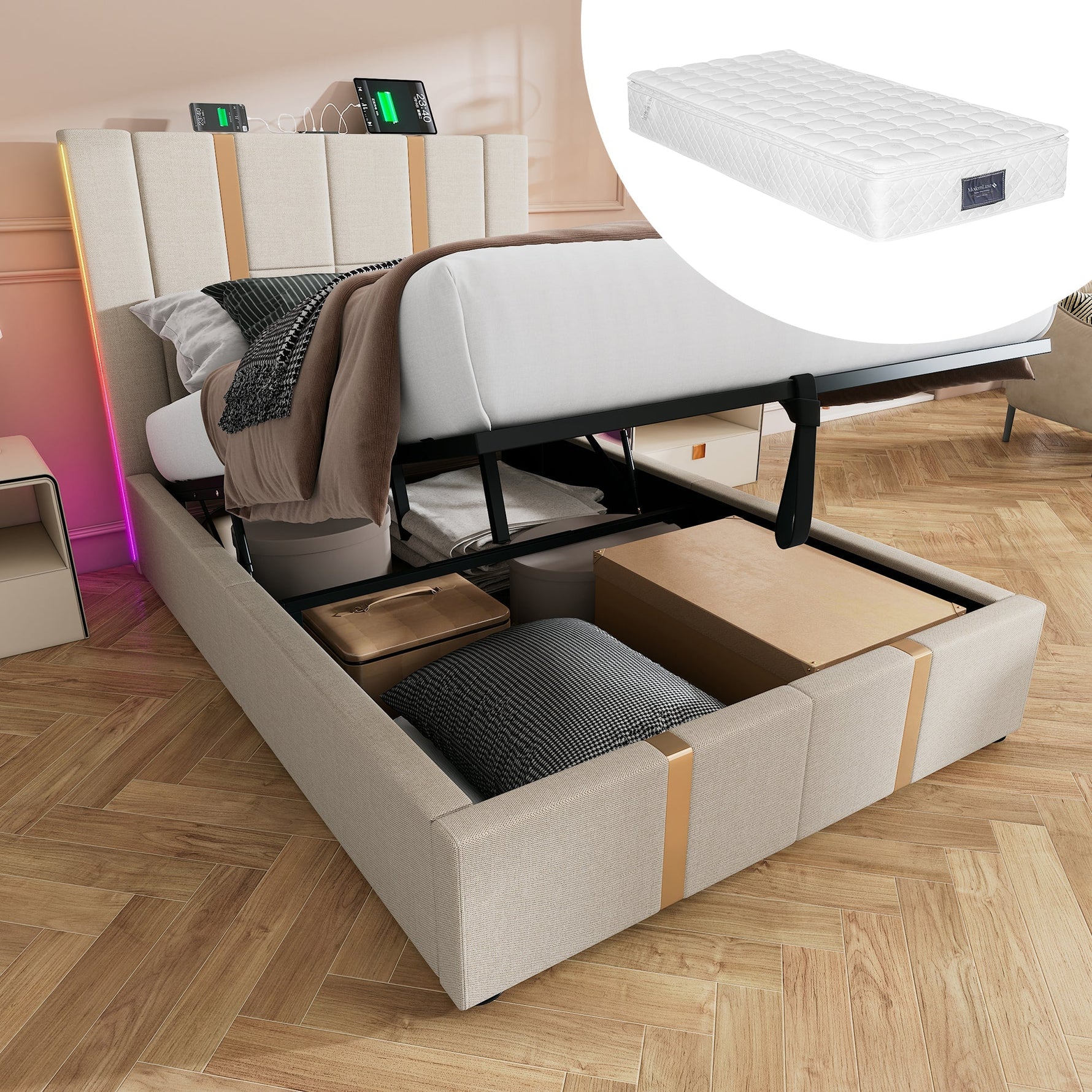Upholstered Bed, USB-C LED Single with Storage, Beige Linen