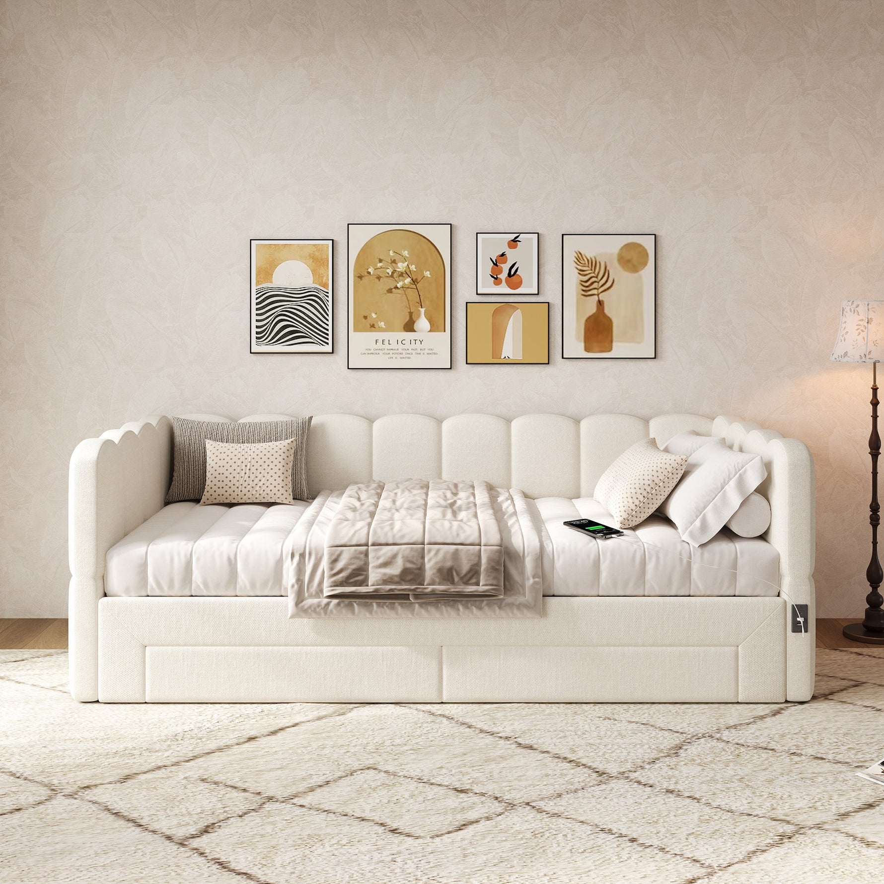 Upholstered Daybed with 2 Storage Drawers and USB Port, Beige Linen