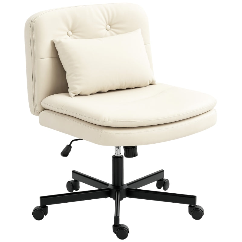 Armless Office Chair, Extra Cushion, Height Adjustable, Rollable, Faux Leather, Beige