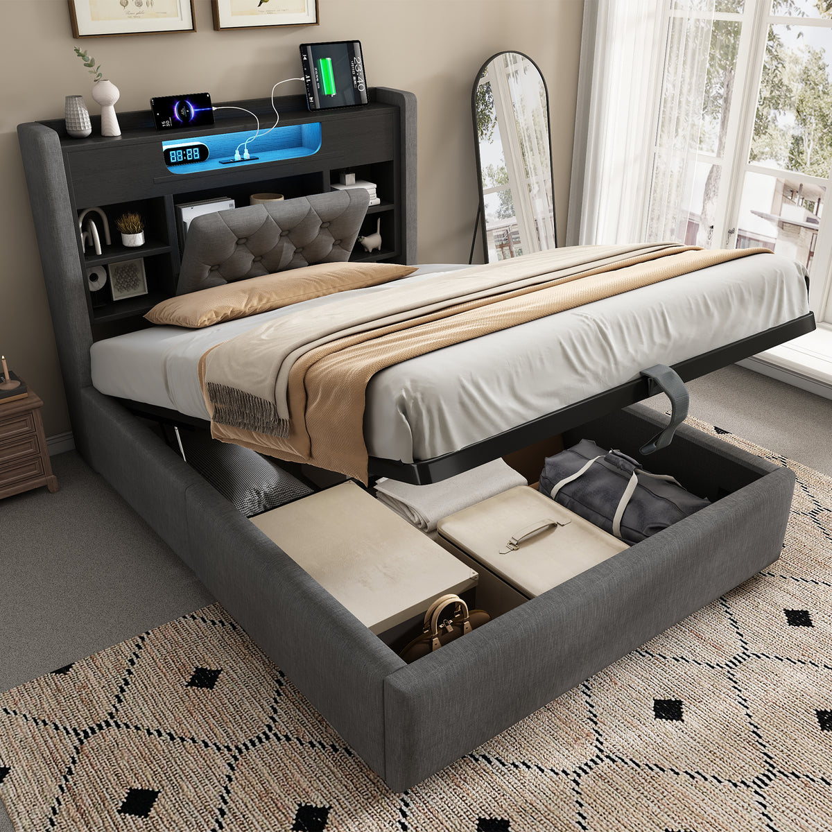 Upholstered Bed 90x200cm LED Hydraulic Storage Grey Linen