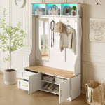 Hallway & Shoe Cabinet, LED, Mirror, Hooks, Drawers, Wood White
