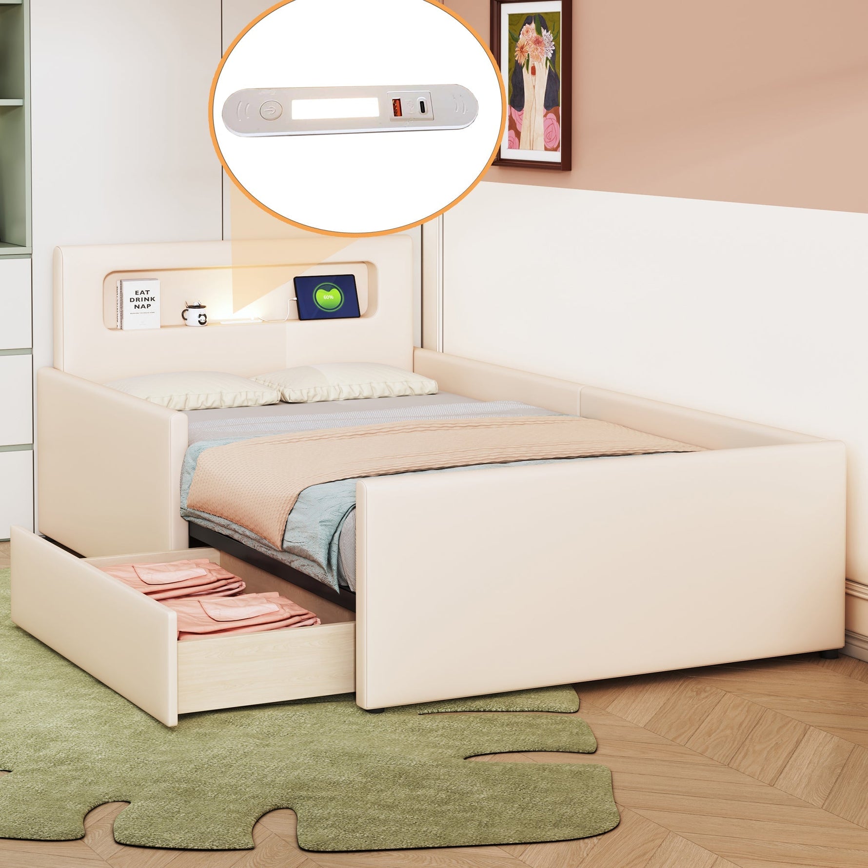 Upholstered Children's Bed 90x200cm Night Light USB Storage Safety Faux Leather Beige