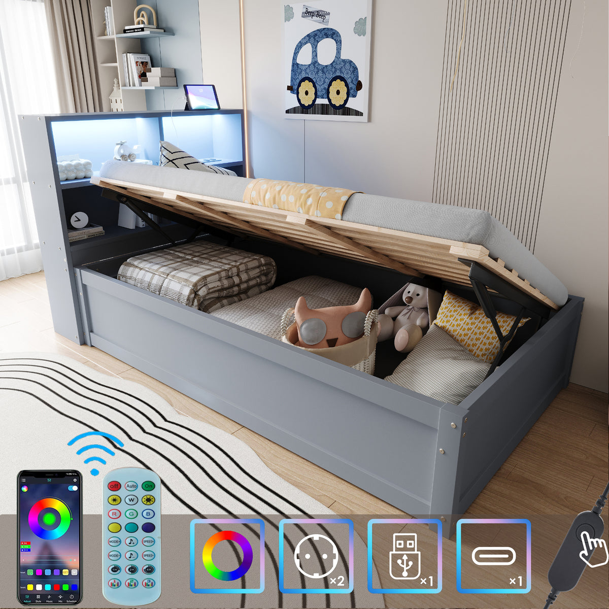 Multifunctional Hydraulic Sofa Bed 90x200 with Storage & LED, Grey