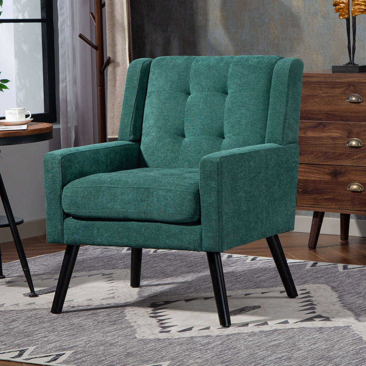 Upholstered Armchair with Buttoned Padding and Solid Wood Legs, Suede Black
