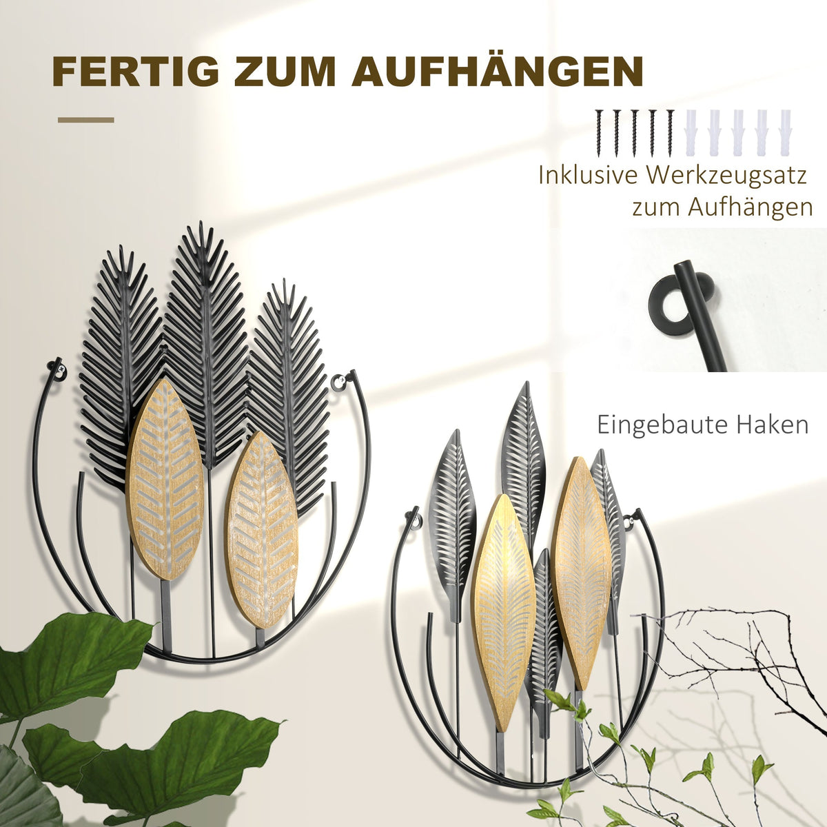 3D Wall Art 2-Set Leaves Decoration, Modern Metal Black and Natural