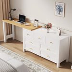 Desk, 7-Drawer 2-in-1 Rotating Workbench Sideboard, White/Natural Oak Look