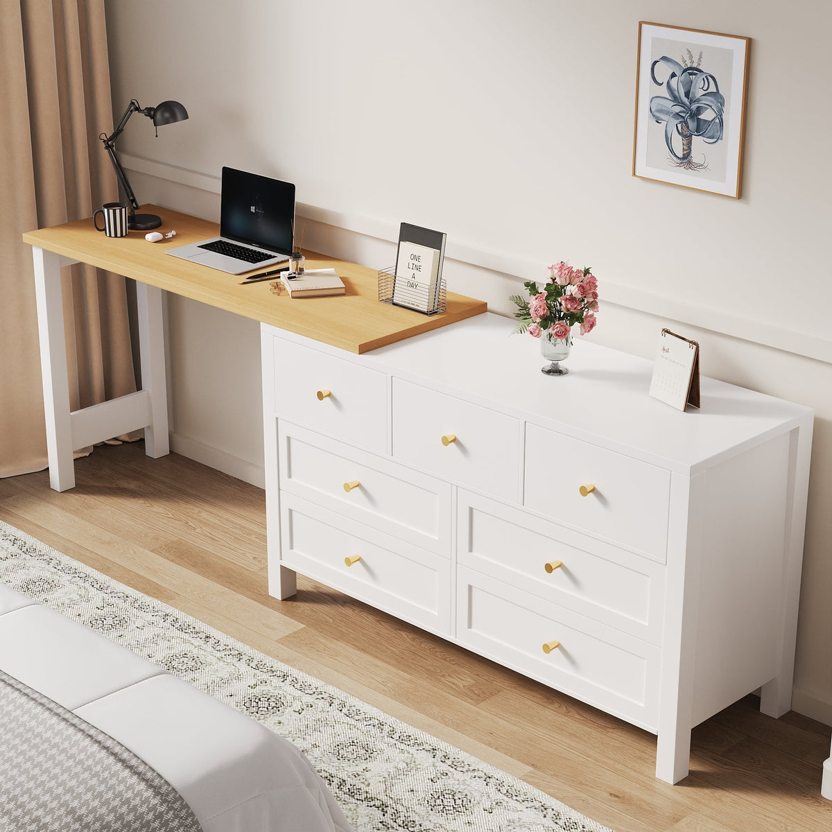 Desk, 7-Drawer 2-in-1 Rotating Workbench Sideboard, White/Natural Oak Look