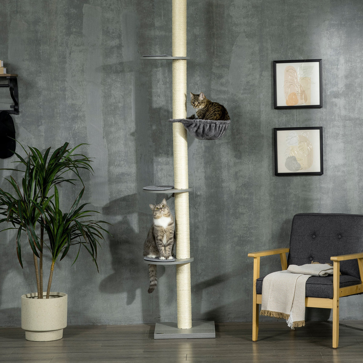 Cat Tree, Ceiling Height Adjustable with Scratching Posts, Grey Cream White