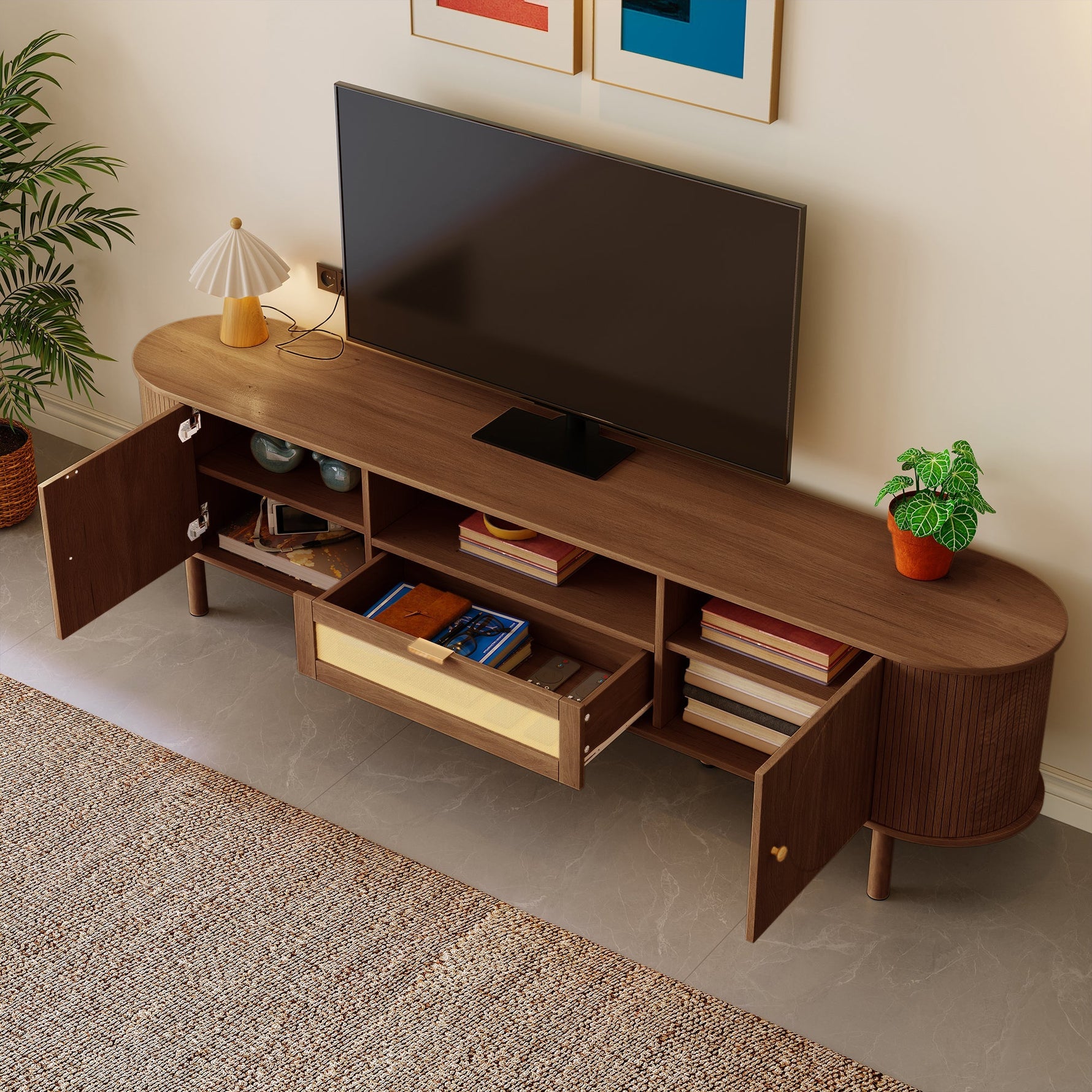Modern TV Cabinet Rattan Drawers Open Shelves Rounded Top Wood Look Metal Legs
