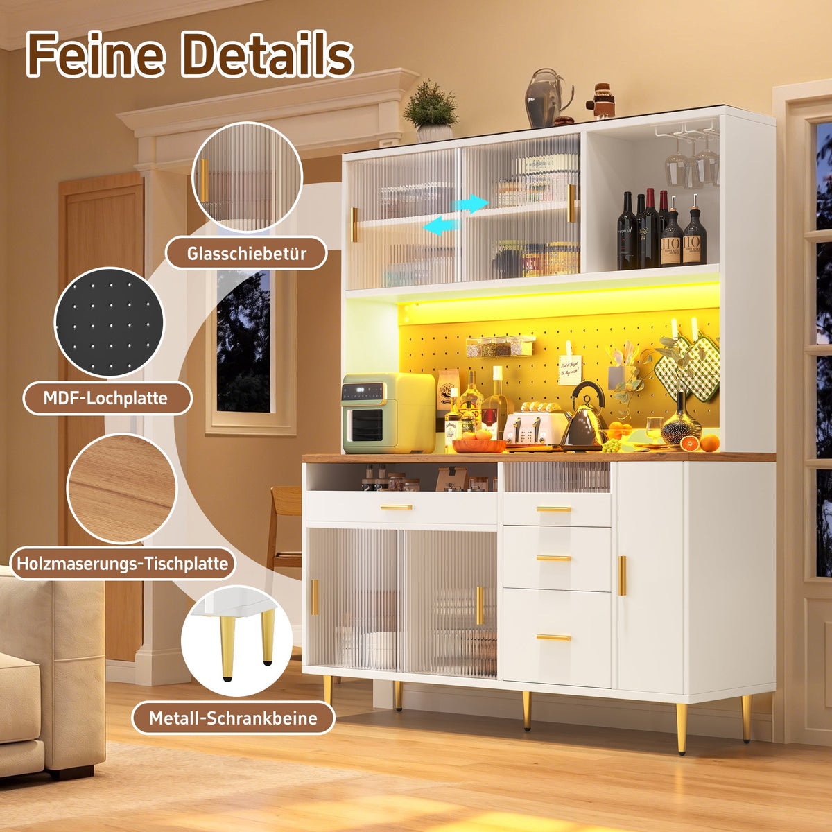 Tall Cabinet with LED Lighting and Pegboard Shelves, White