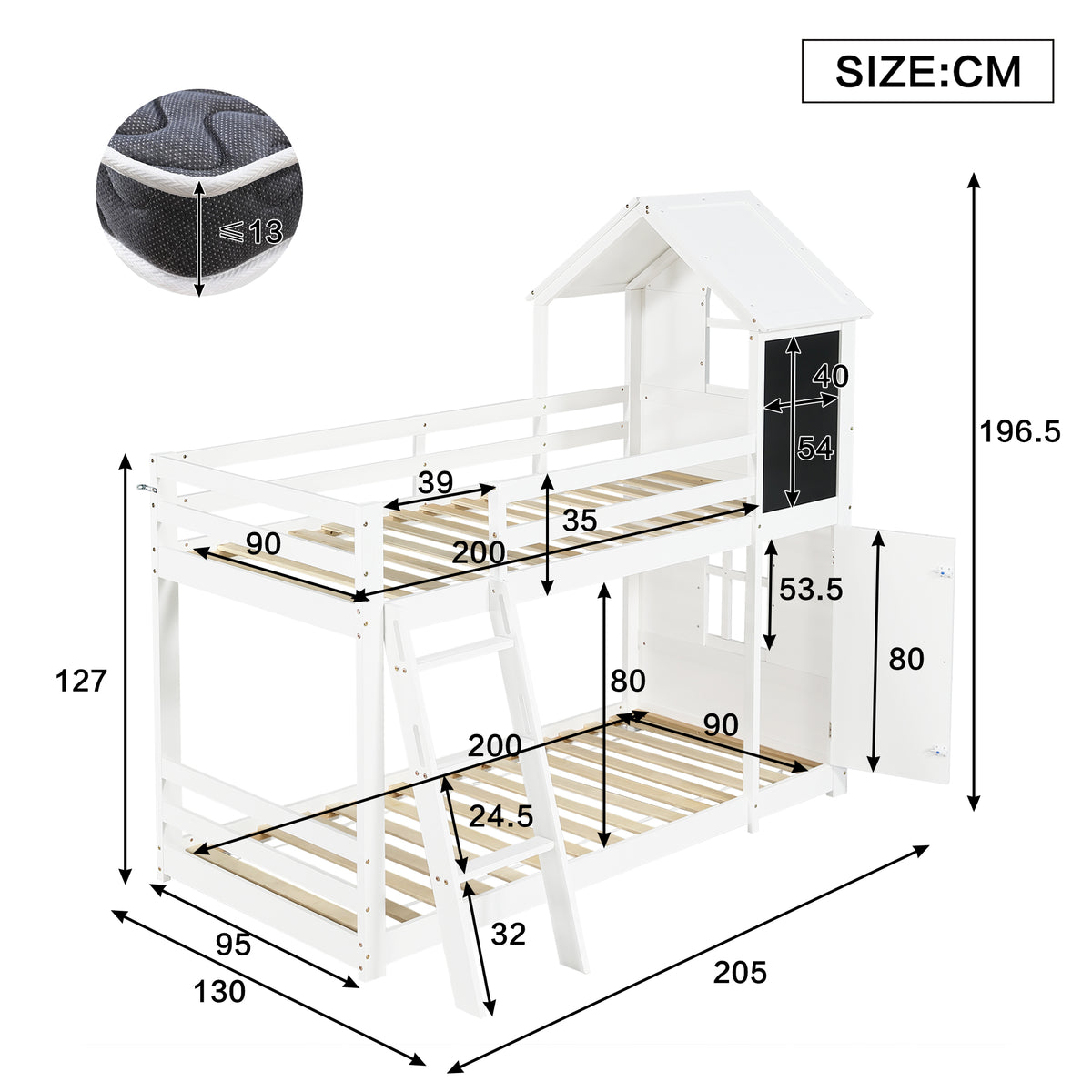 Children's Bunk Bed with Windows & Chalkboard, White Pine