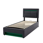 Upholstered Bed 90x200cm USB Charging LED Storage - Black PU Lychee