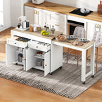 Kitchen Island, Extendable with Worktop & Drawers, Mobile, White+Natural