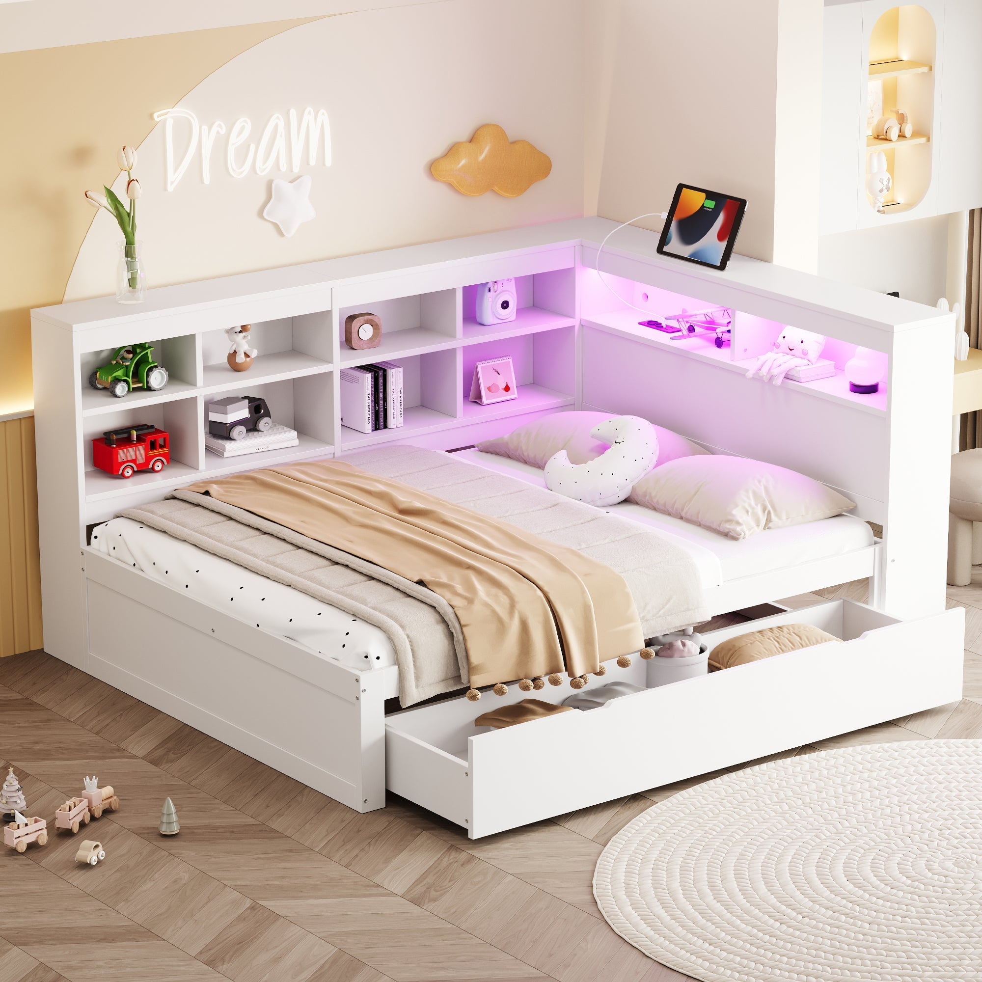 Solid Wood Sofa, 140x200cm Double Bed with Drawers, USB, LED, Shelves, White