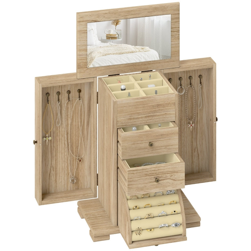 Jewelry Box, 4-Tier Case with Mirror, Wood Brown