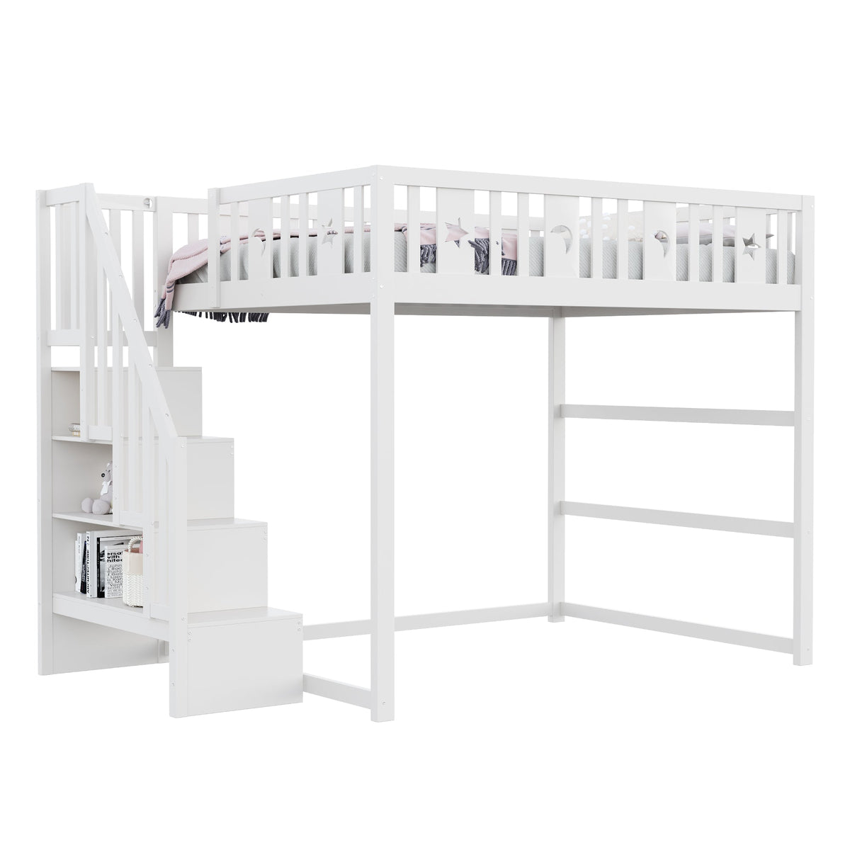 Children's Bunk Bed with Stairs, Safety Railing & Star/Moon Decor, Solid Wood White