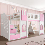 Loft Bed with Storage Stairs and Window, 90x200cm, White and Pink Pine Wood + MDF