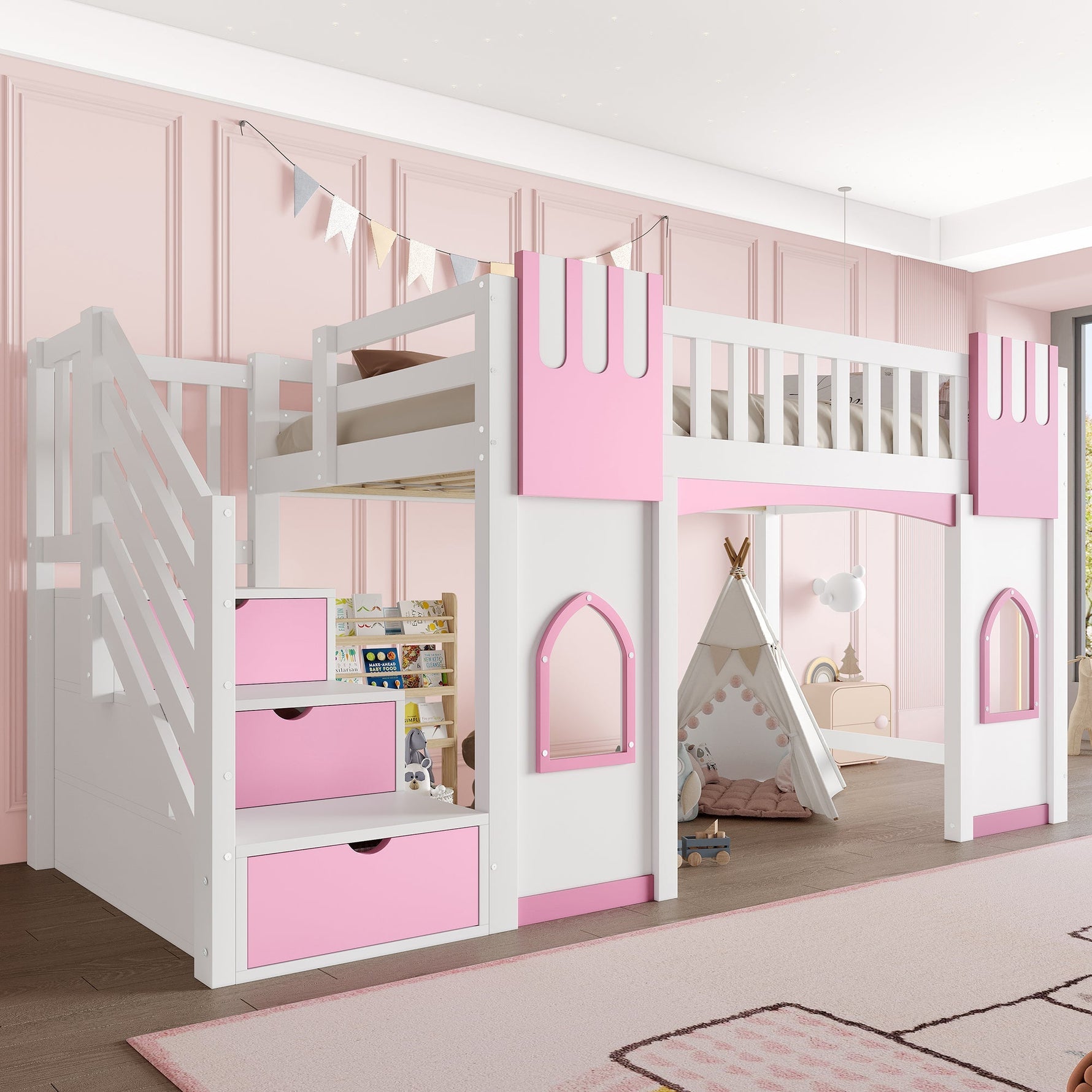 Loft Bed with Storage Stairs and Window, 90x200cm, White and Pink Pine Wood + MDF