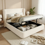 Upholstered Double Bed, Hydraulic Storage 140x190cm, Beige Bouclé