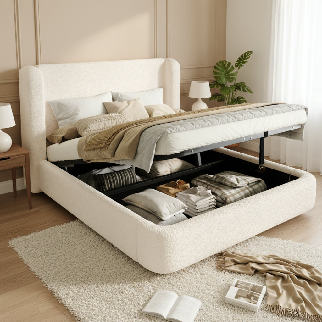 Upholstered Double Bed, Hydraulic Storage 140x190cm, Beige Bouclé