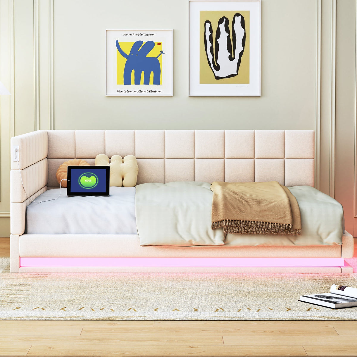 Upholstered Bed Sofa, 140x200 Multifunctional with LED & USB, Velvet Beige