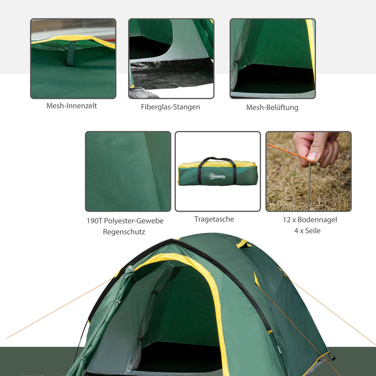 Dome Tent 2-3 Persons Fiberglass Polyester Green+Yellow