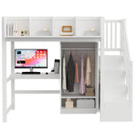 Multifunctional Loft Bed 90x200cm with Desk & Wardrobe, White