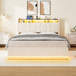 Multifunctional Bed with LED Lighting, Storage Headboard and USB Charging Station, 140x200cm, Beige