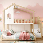 Bunk Bed with Storage Ladder and House Railing, 90x200cm and 140x200cm, Natural and White