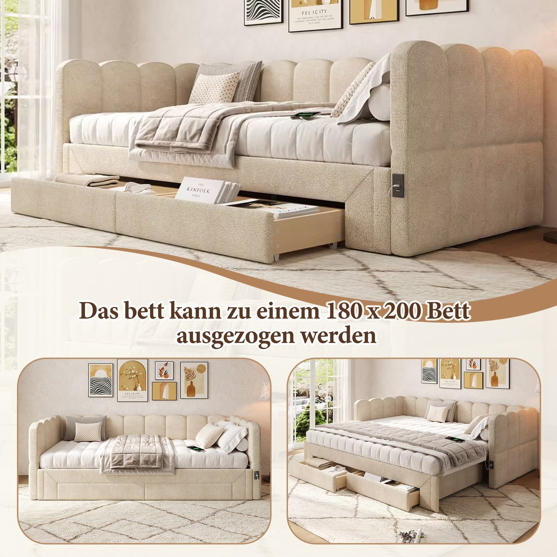 Upholstered Daybed Sofa Bed 90x200cm Extendable with 2 Drawers Storage USB Port beige chenille