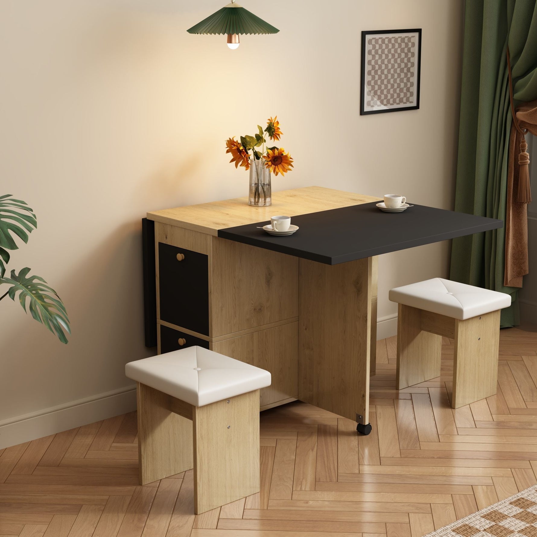Dining Table Set with 4 Chairs, Folding and Extendable Table, 120x80x75cm, White, Oak and Black