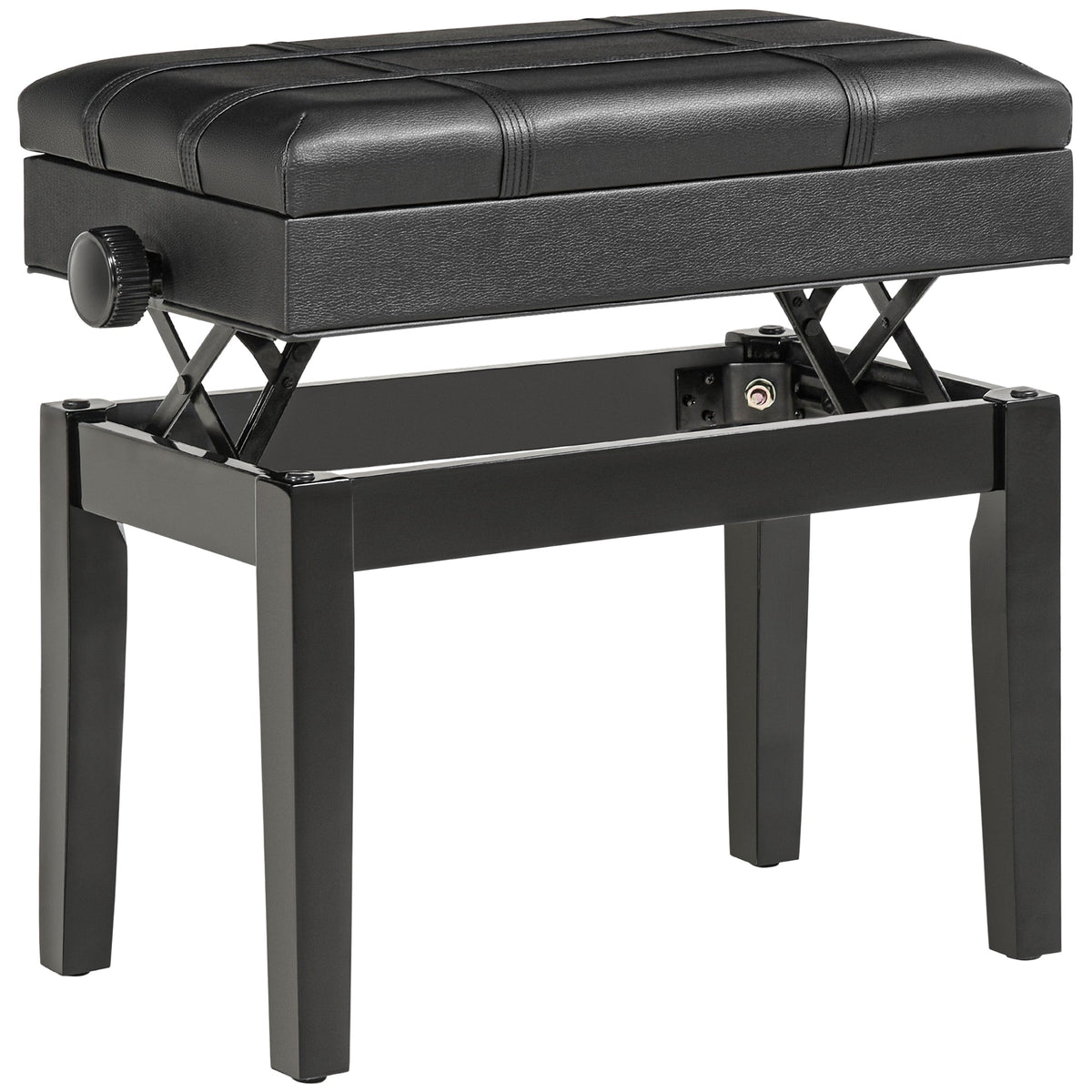 Piano Bench, Height-Adjustable with Storage, Leather Cushion, Black