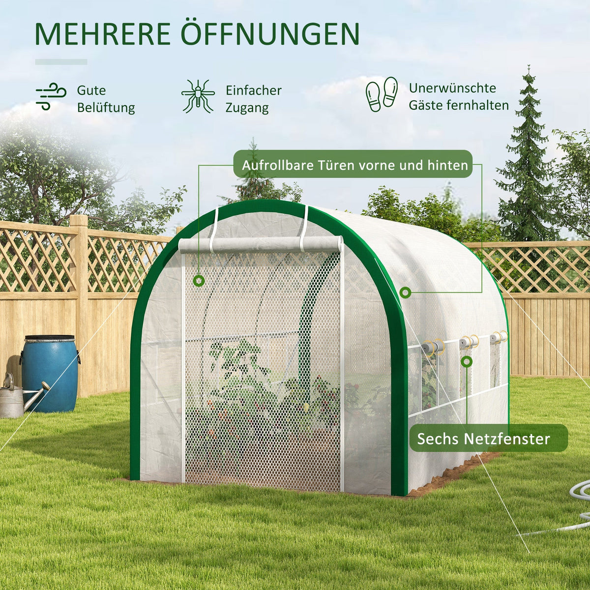 Foil Greenhouse Tunnel, 3.58 x 2.1 x 2.1 m Roller Door, Galvanized Steel, White
