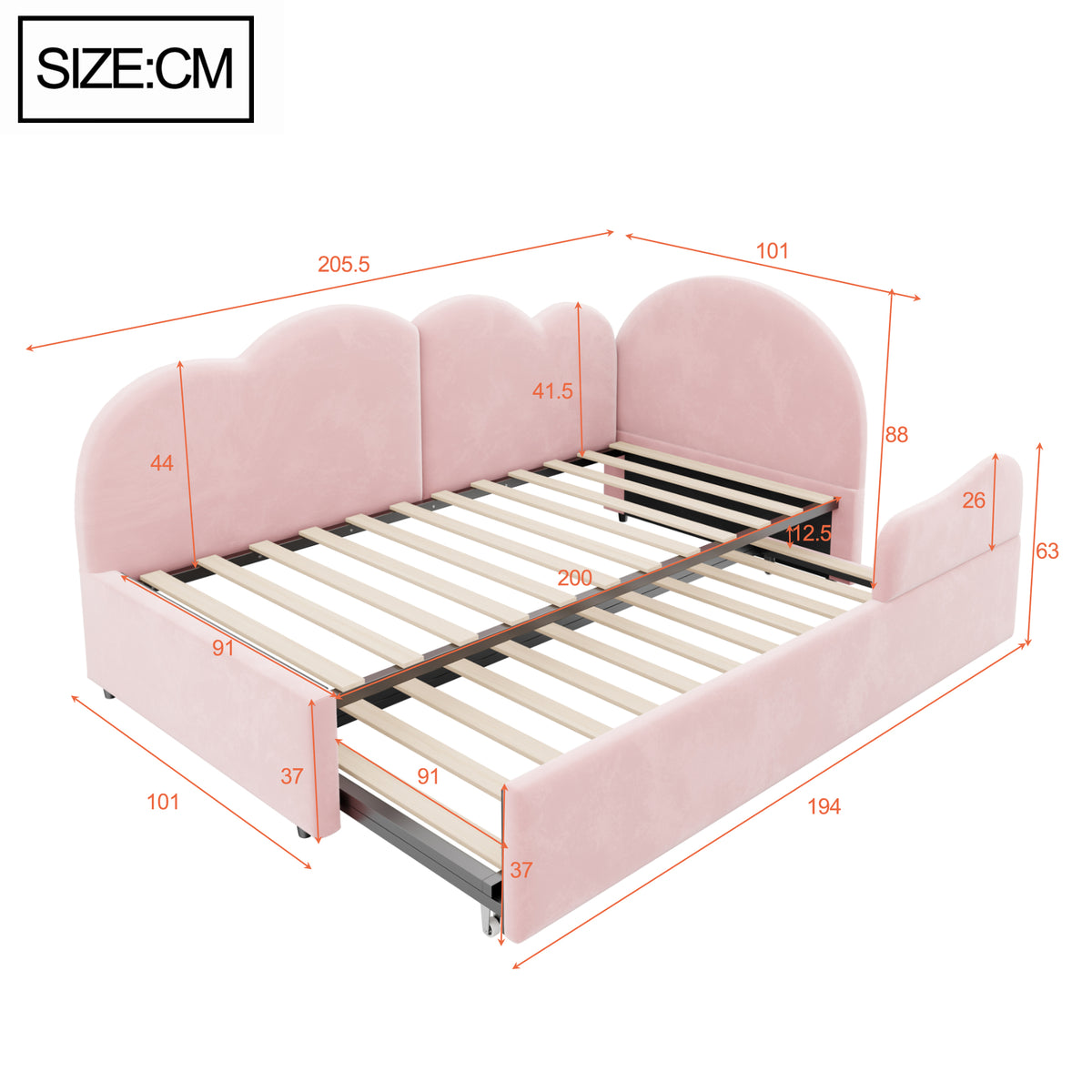 Extendable L-Shaped Sofa Bed with Cloud Headboard, Pink Velvet
