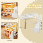Loft Bed 90x200cm with LED Lights & Storage Ladder, White+Natural