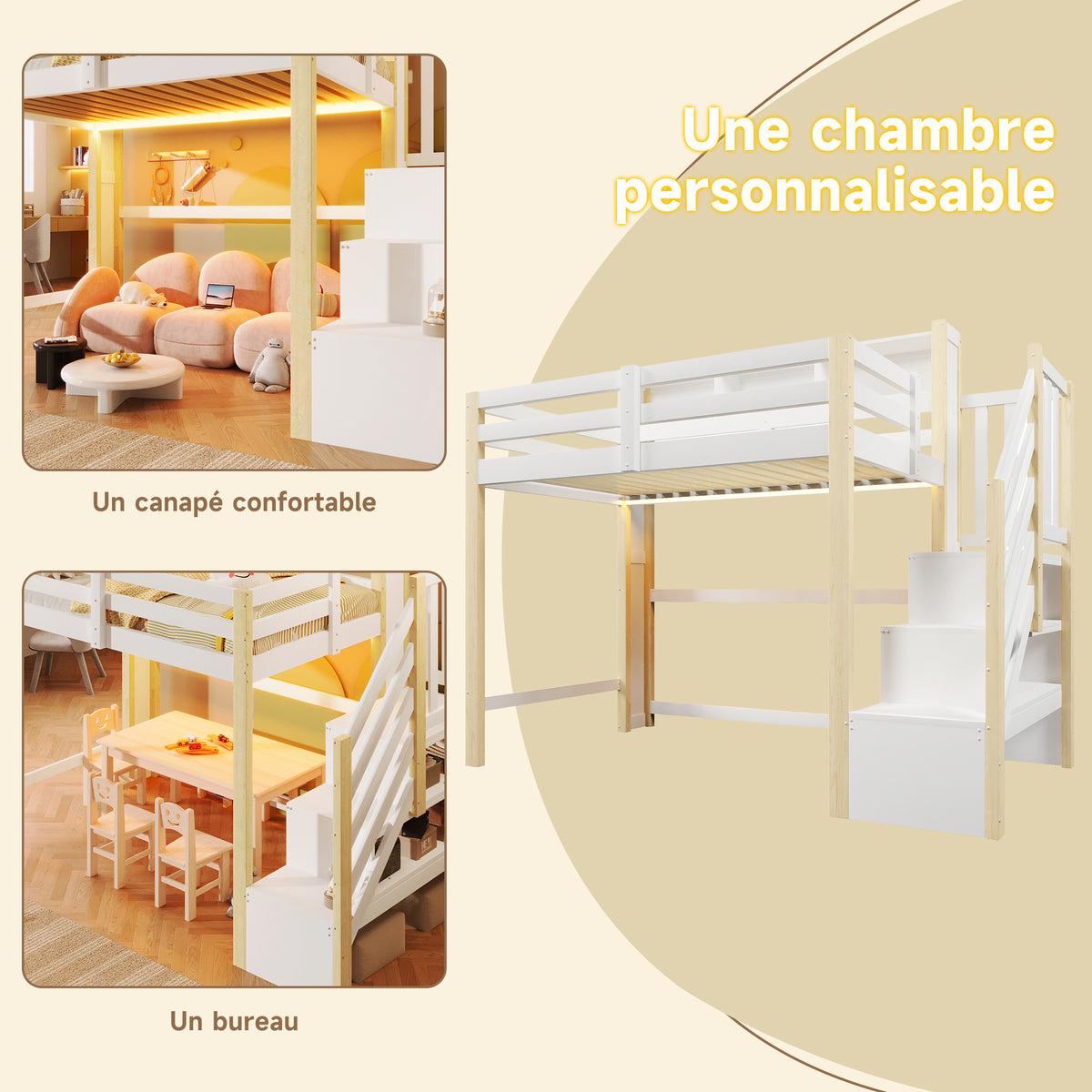Loft Bed 90x200cm with LED Lights & Storage Ladder, White+Natural